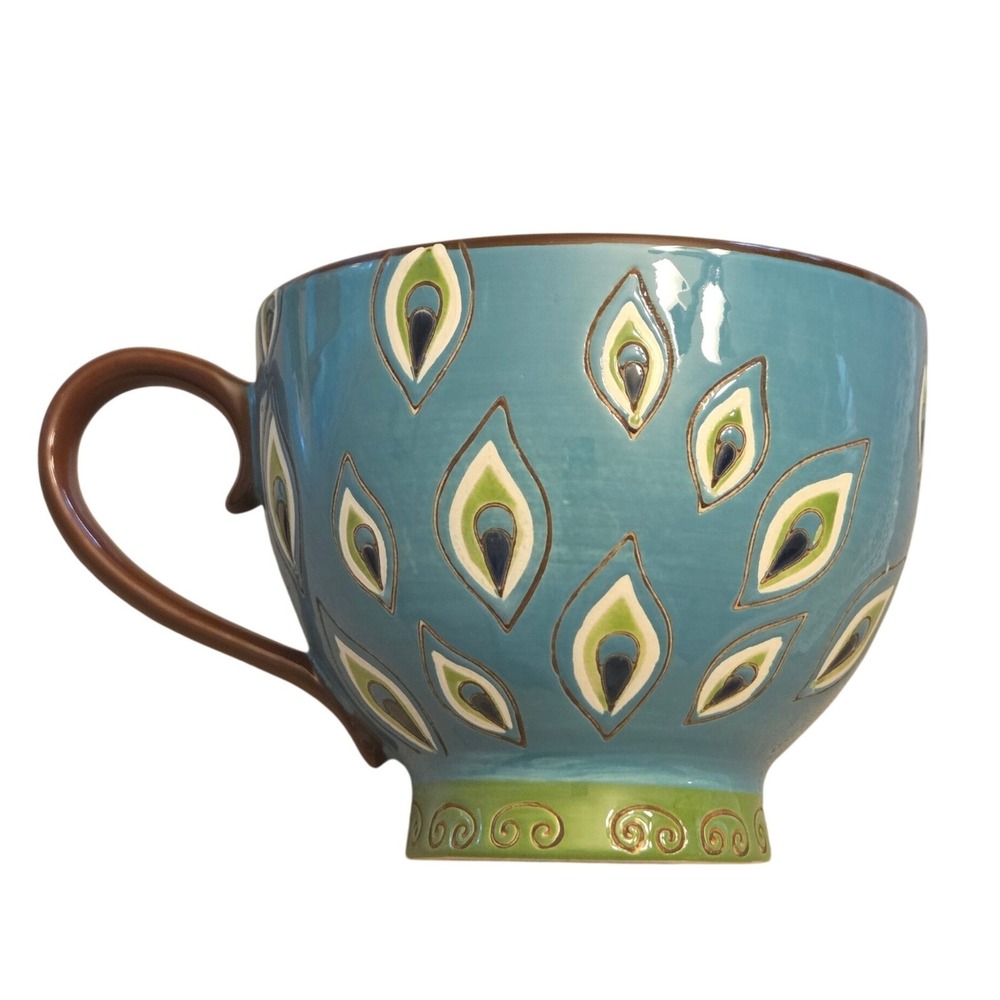Pier 1 Imports Peacock Feather Hand Painted Dolomite Mug‎ Blue Green Footed Cup